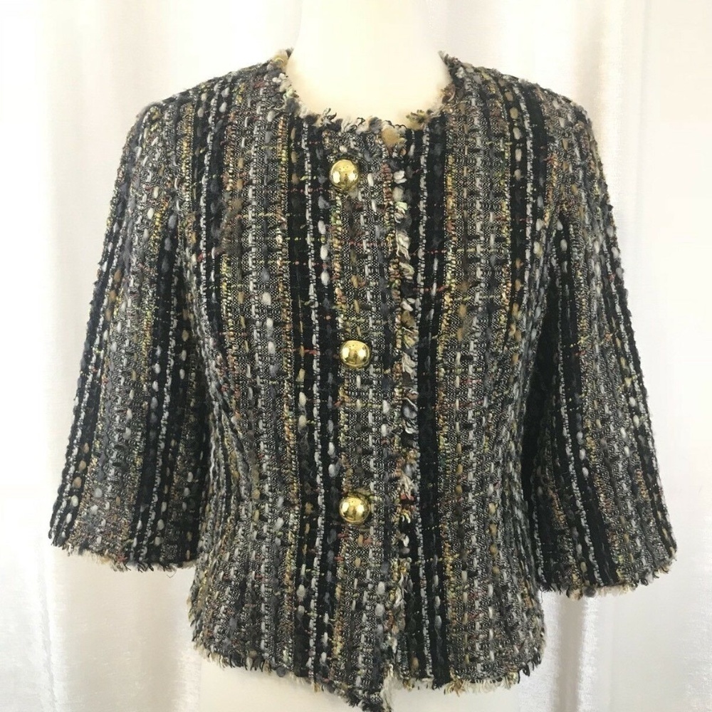 CAbi Paris Tweed Jacket Fringe Boucle Gold Buttons